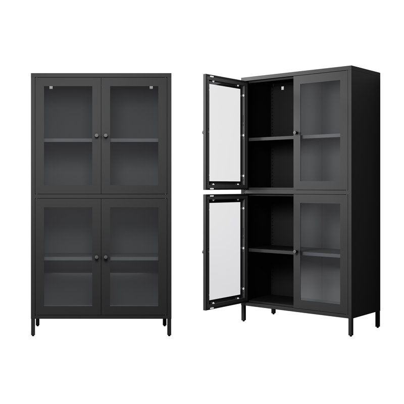 Black Metal Storage Cabinet - 4 Glass Doors 4 Shelves For Home/Office/Living Room