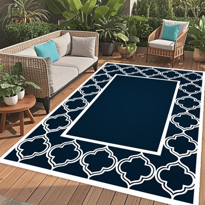 Tapis d'extérieur, tapis de paille en plastique pliable et réversible bleu et blanc pour camping-car, terrasse, porche, pique-nique, plage, balcon