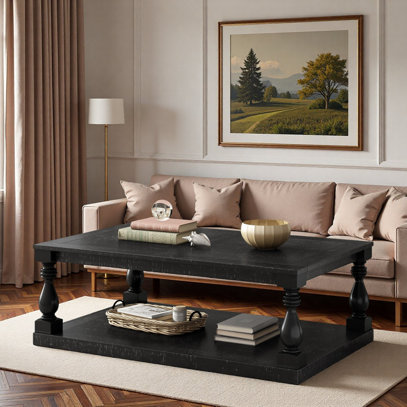 Table basse rétro avec pieds de colonne de vase, placage de pin et tablette inférieure, Noir