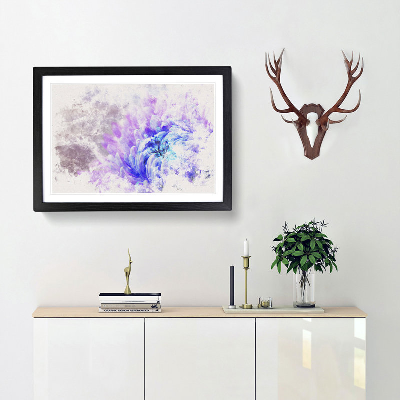 Lilac and Blue Chrysanthemum Watercolour - Picture Frame Graphic Art Print, Black Framed, 45cm H x 63cm W x 2cm D