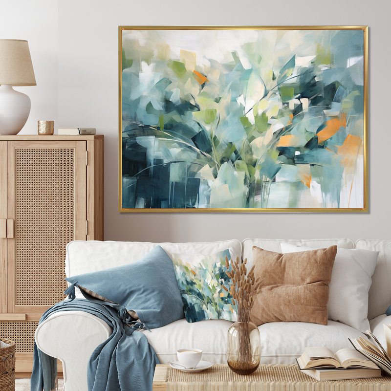 «Blue Botanical Garden III - Abstract Botanicals», art mural, H 34 po x l 44 po, Cadre flottant noir, Doré