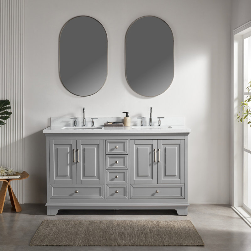 Meuble-lavabo double autoportant de 60 po avec pierre artificielle entièrement assemblé, Gris