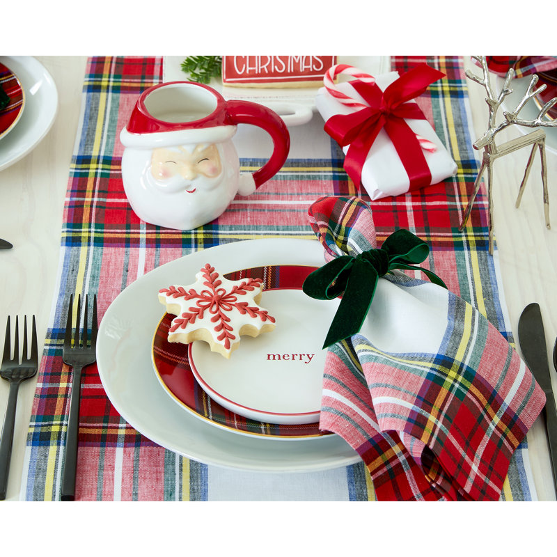 Stewart Plaid - 100% Pure Linen Christmas Dinner Napkins, White