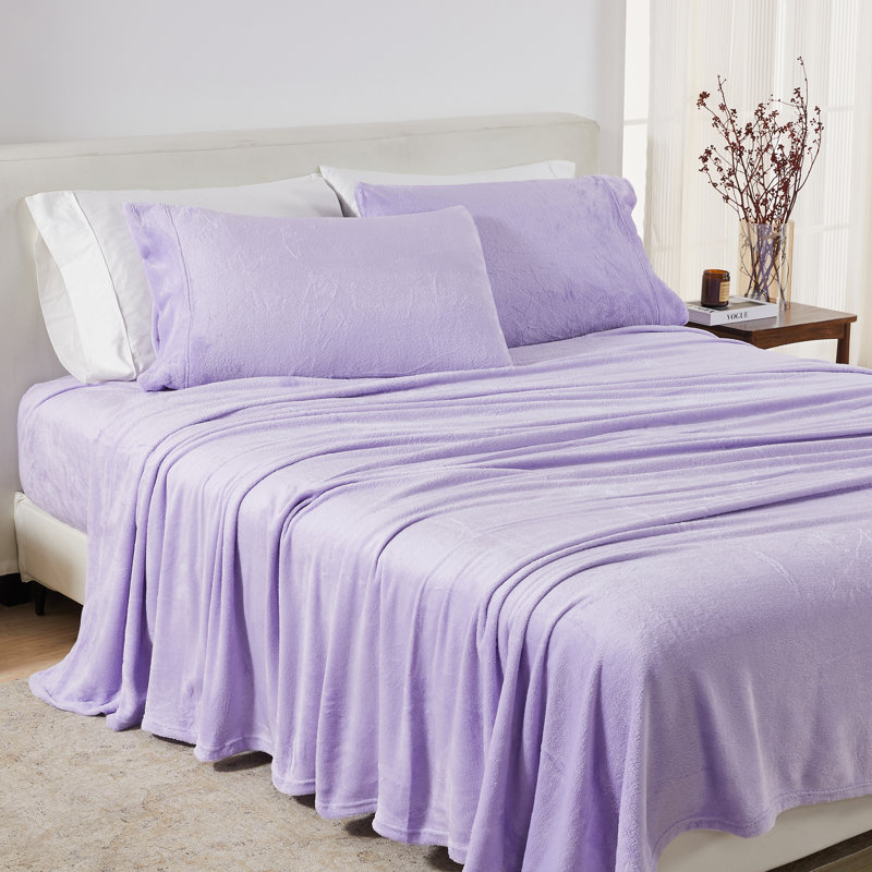 Ultra Soft Micro Plush Velvet Solid Sheet Sets, Purple, Queen Sheet w/ 1 Fitted Sheet&2 Pillowcases