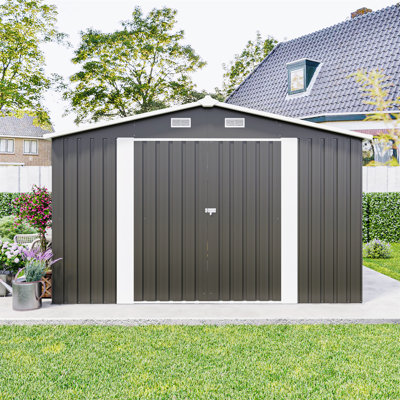 Remise de rangement d'extérieur 10 pi x 14 pi Campcraft avec 3 portes verrouillables, 4 bouches d'aération et toit incliné, structure de remise de jardin en métal et 4 évents pour outils, pour cour, patio, pelouse, gris foncé