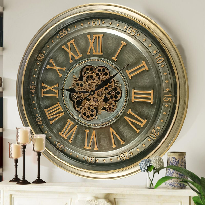 THE GEARS CLOCK Wall Clock with Real Moving Gears IR-LI_ 32 in Round BRASS-ANTIQUE