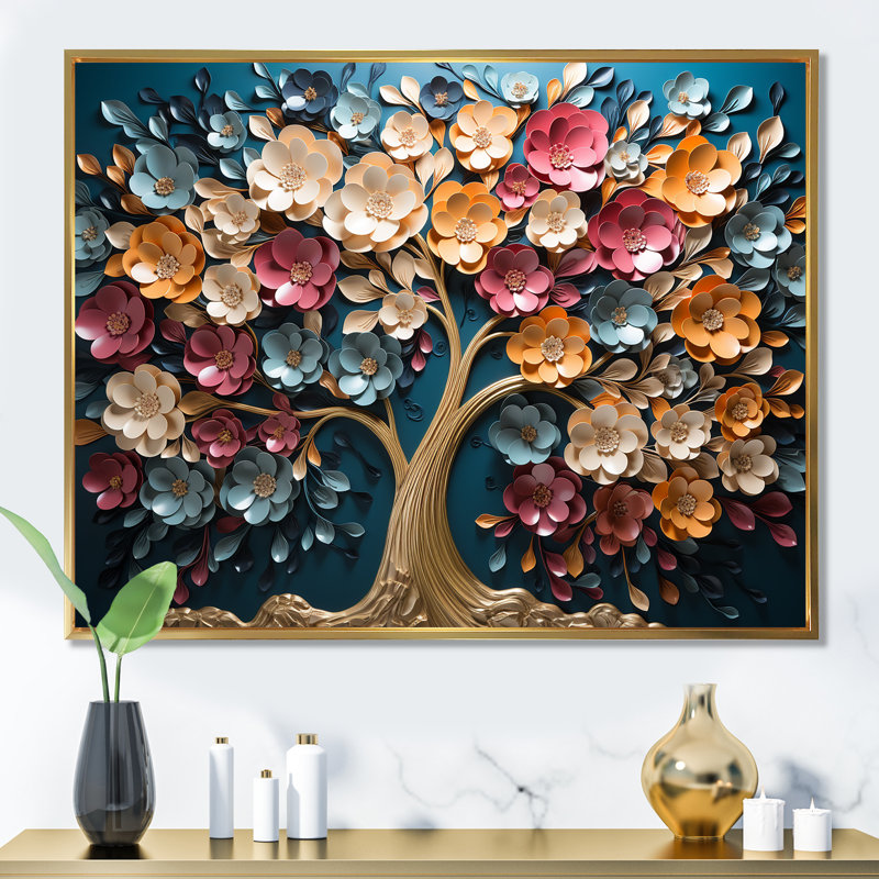 Orchidée dorée colorée, jardin de branches en V - impression sur toile d'arbre, Cadre flottant doré
