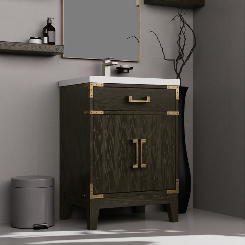 24 po De meuble-lavabo en chêne brun avec comptoir en acrylique, miroir et robinet inclus, Chêne brun