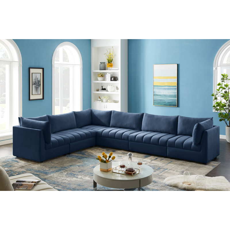 Ensoll Velvet L-Shaped Sectional Reversible, Navy Velvet