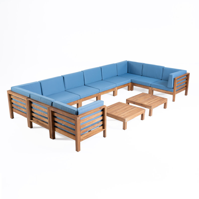 Ajanai Acacia 8 - Person Modular Patio Conversation Set with Cushions, Teak Frame/Blue Cushion