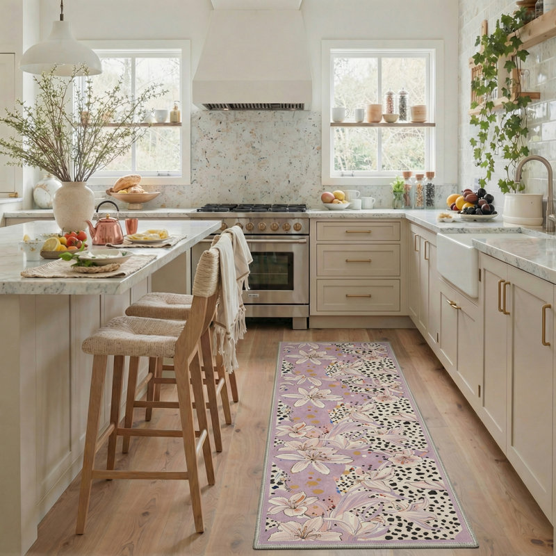 Inspired Machine Washable Beige / Purple Indoor Area Rug with Non-Slip Backing, Runner 2' x 6'