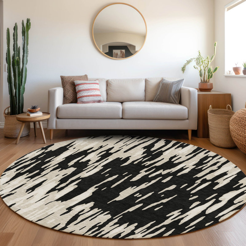 Premium Machine Washable Prisco Black Rug, Round 8'