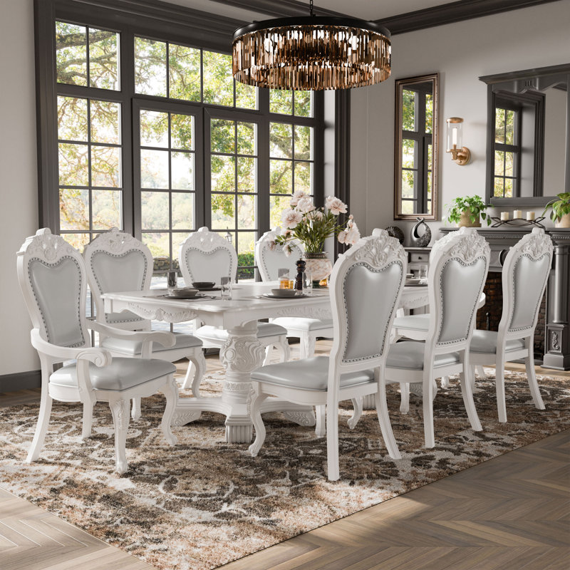 Roslindale Dining Table Set, 9 Pieces: Table, 8 Chairs, White, Beige