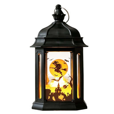 Halloween LED Flickering Candle Flying Witch Ghost  House Printed Vintage Hanging Lamp Portable Small Night Light For Tabletop Tiered Tray Halloween Party