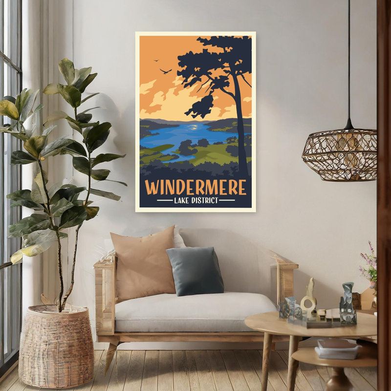 Coucher de soleil abstrait contemporain dans le district des lacs de Windermere, paysage d'oiseaux et d'arbres - Impression d'
