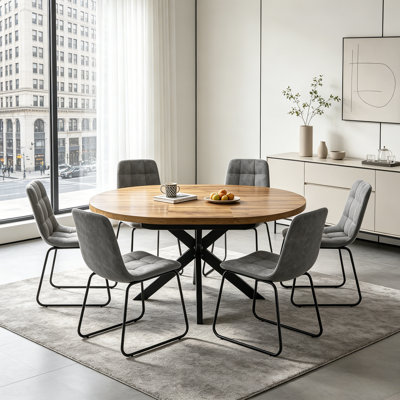 43"-59" Extendable Round Dining Table Set, 7-Piece Modern Kitchen Table with 6 Upholstered Dining Chairs 