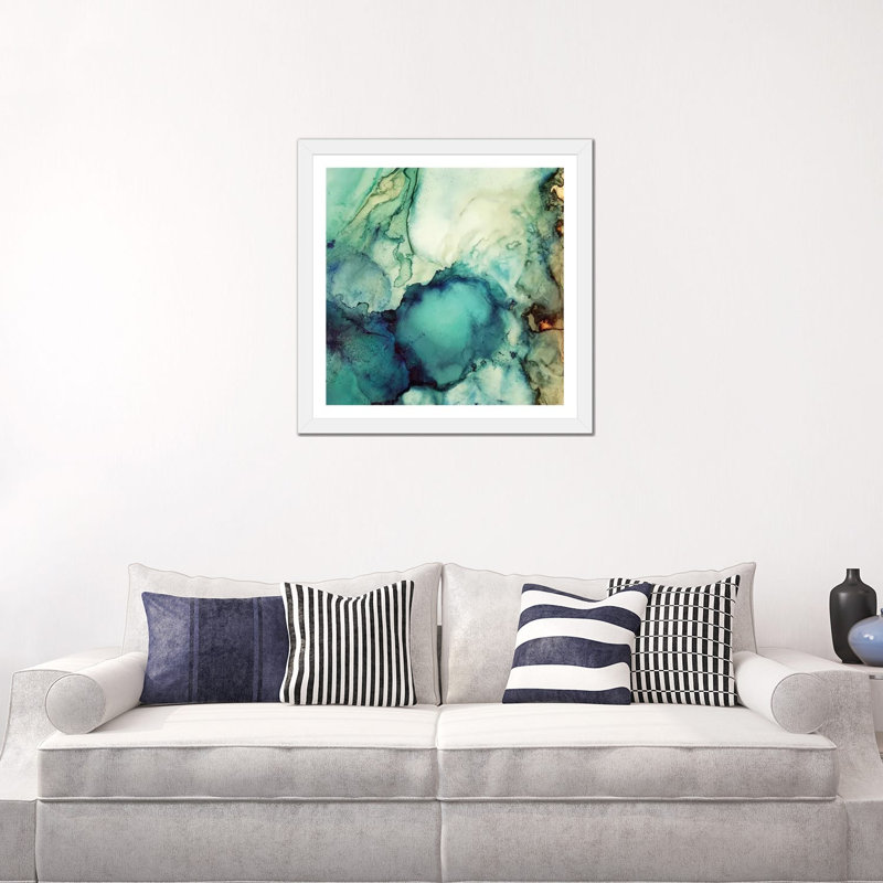 Bleu sarcelle abstrait, H 24 po x l 24 po x p 1 po, Papier beaux-arts encadré blanc, Blanc