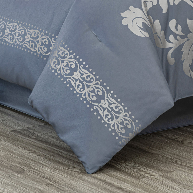Royale Jacquard Floral 7 Piece Comforter Set, Oversized King Comforter + 6 Additional Pieces, Grayish Blue/Gray