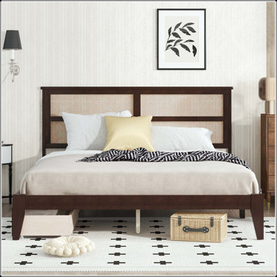 Bed with Rattan Headboard and Two Storage Drawers