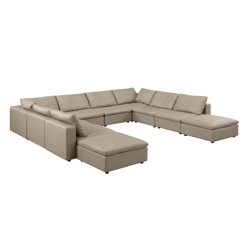 Canapé modulaire avec méridienne 10 pièces Mullica, Cuir véritable beige