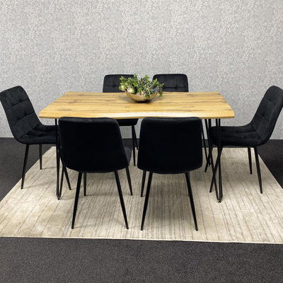 Wooden Dining Table and 6 Velvet Chairs - Stylish Dining Room Furniture