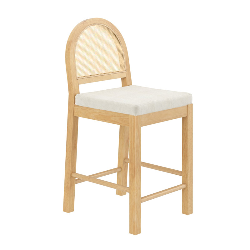 Ensemble de 4 tabourets de bar rembourrés avec dossier en rotin tissé Boucle, 4, Crème / pin chaud