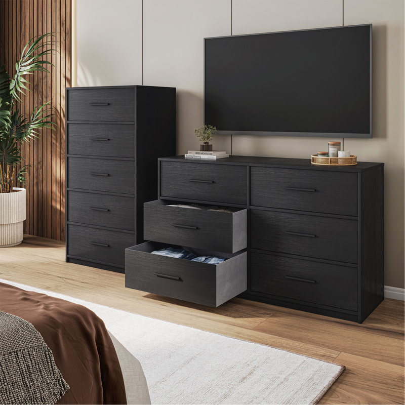 Commode 6 tiroirs avec grands tiroirs en tissu, Noir