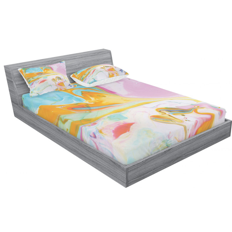 Microfiber Abstract Sheet Set, Queen Sheet Set with Fitted Sheet, Pink/Yellow/Light Blue, Abstract