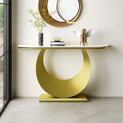 Console de 47 pouces en demi-lune, table d'entrée en pierre frittée avec pieds en métal doré, blanc