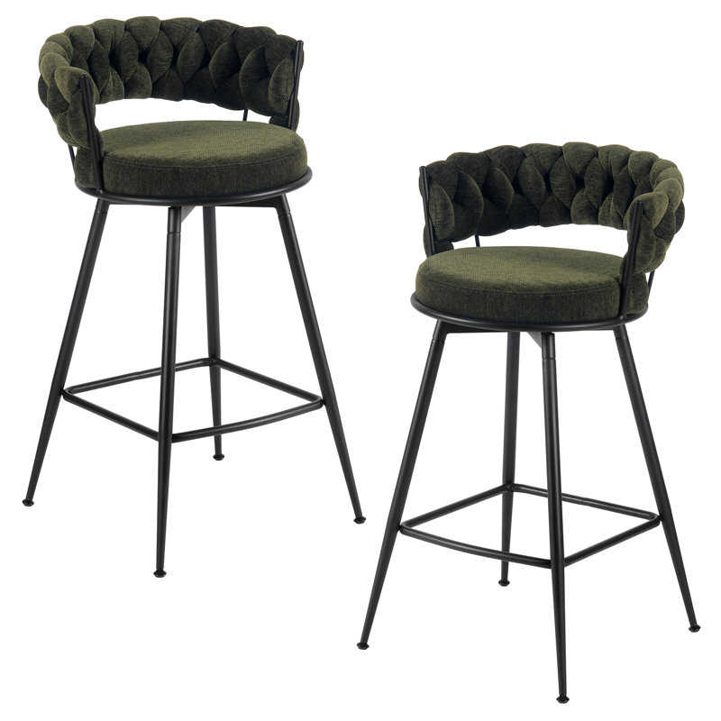 Modern Green Upholstered Bar Stool With Woven Look Backrest & Fixed Black Metal Frame Stable Counter Height Stool For Kitchen Breakfast Bar Or Cafe, Set Of 2