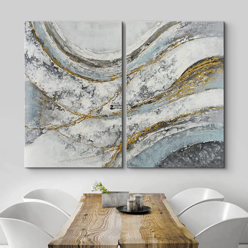 «Grunge Abstract Paint Stroke Effect Vibrant Pastel Blue Watercolor Wave Landscape», reproduction d'art sur toile 2 pièces