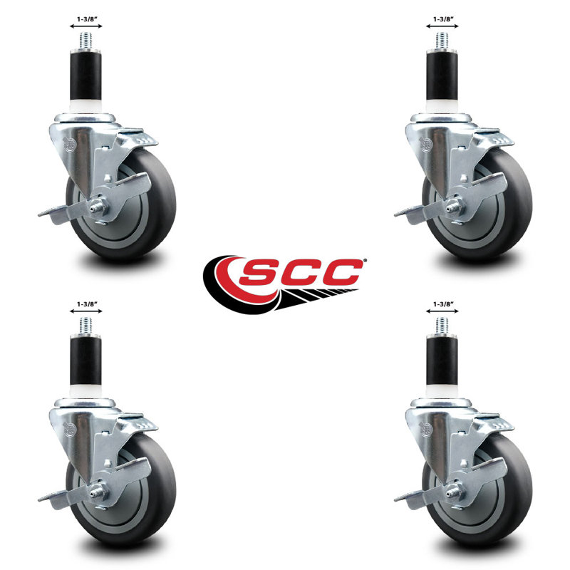 Thermoplastic Rubber Swivel Expanding Stem Caster Set with Brake SCC TLB 4" x 1-3/8"
