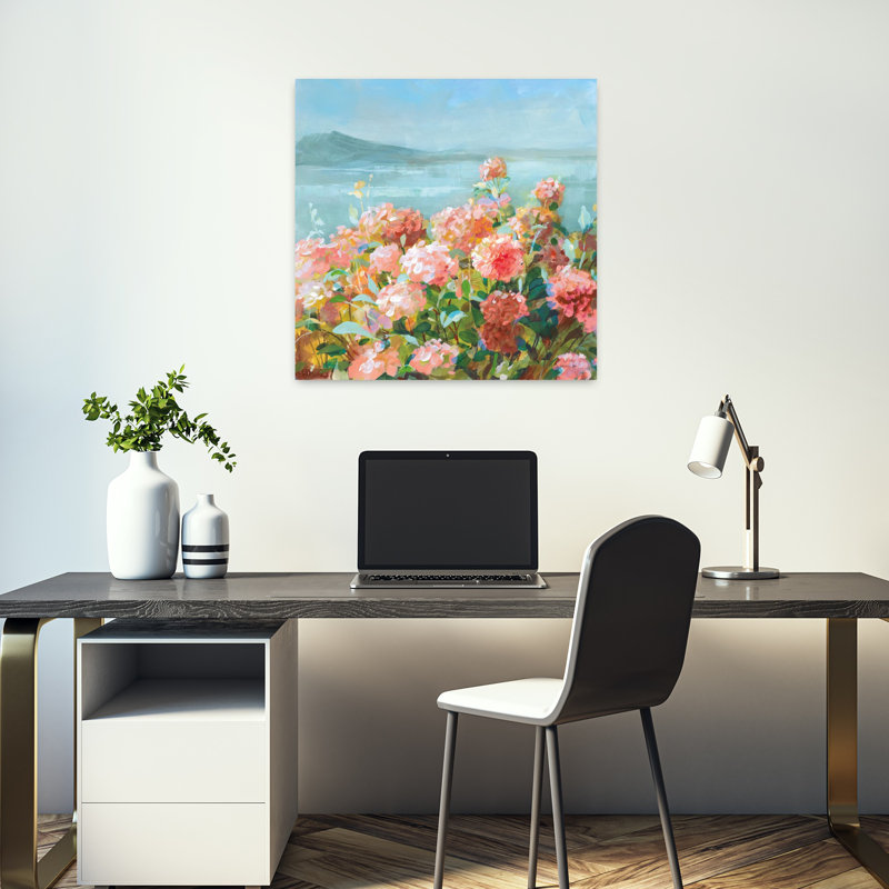 Coastal Coastal Dahlias Ii avec art bleu-brun, H 18 po x l 18 po