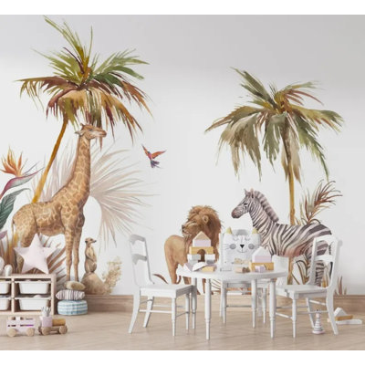 Watercolor Safari Animals Wallpaper Mural – Giraffe Lion Zebra Palm Tree Jungle Nursery Wall Decor