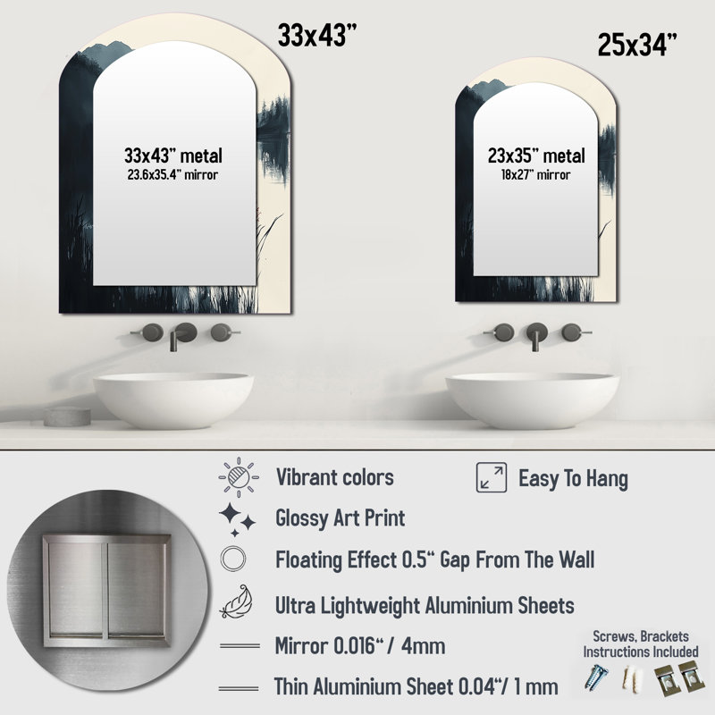 White And Black Silent Ridge - White Asymmetrical Mirror, Traditional Arch Decorative Wall Mirror, Printed Metal Art