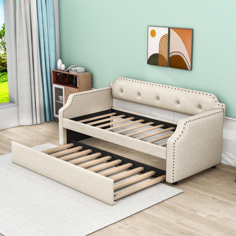 Twin Linen Upholstered Daybed with Twin Trundle, Beige