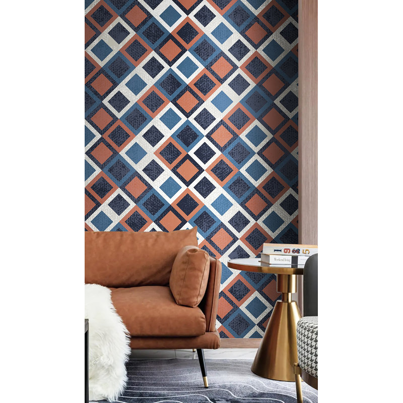 Papier peint motif géométrique carré rouge, L 172 po x L 114 po