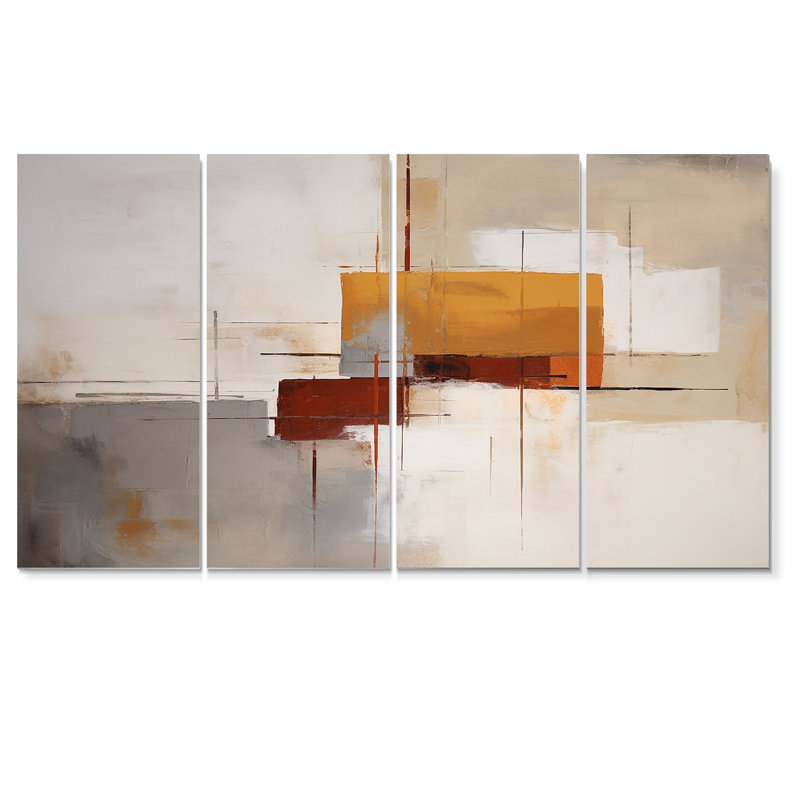 Ensemble de 4 décorations murales décollées orange gris - Collages abstraits, 28" H x 48" W