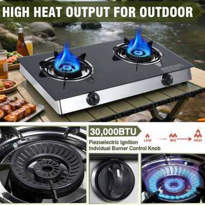 2 Burner Propane Gas Cooktop, Portable Tempered Glass Double Burner Stove With Auto Ignition, 19,000 Btu