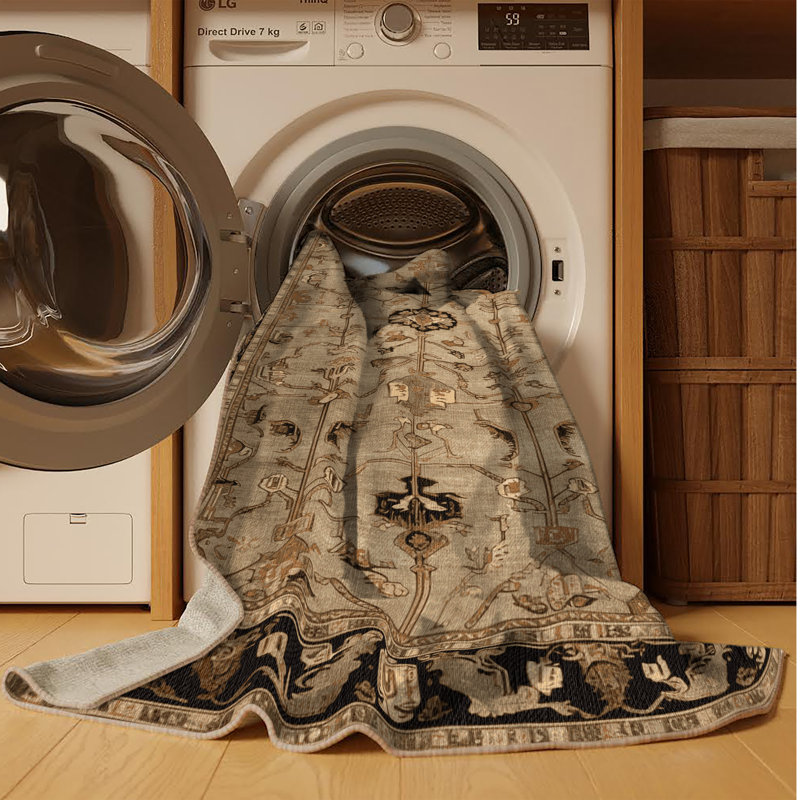 Tapis beige lavable à la machine, Rond 7 pi