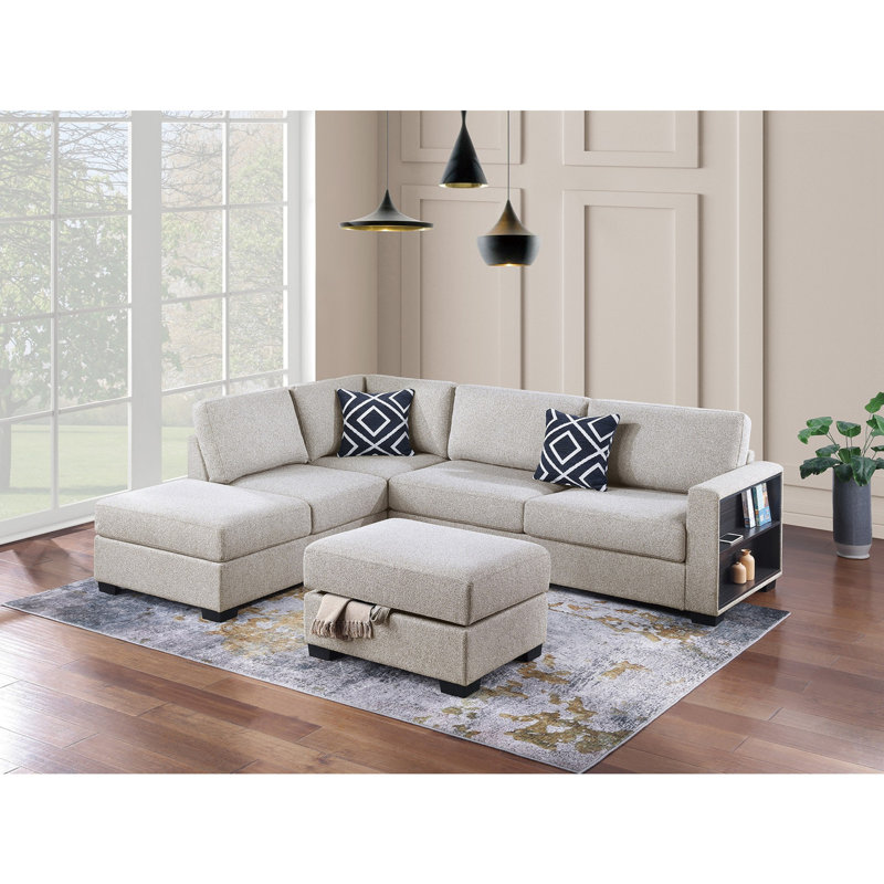 Canapé modulaire réversible 3 pièces avec rangement et repose-pieds, Toile de jute beige