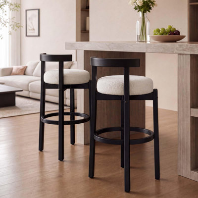Set of 2 Counter Height Bar Stools, Beige Lamb Fleece & Natural Wood Kitchen Island Chairs with Curved Backrest, Padded Breakfast Stools for Dining