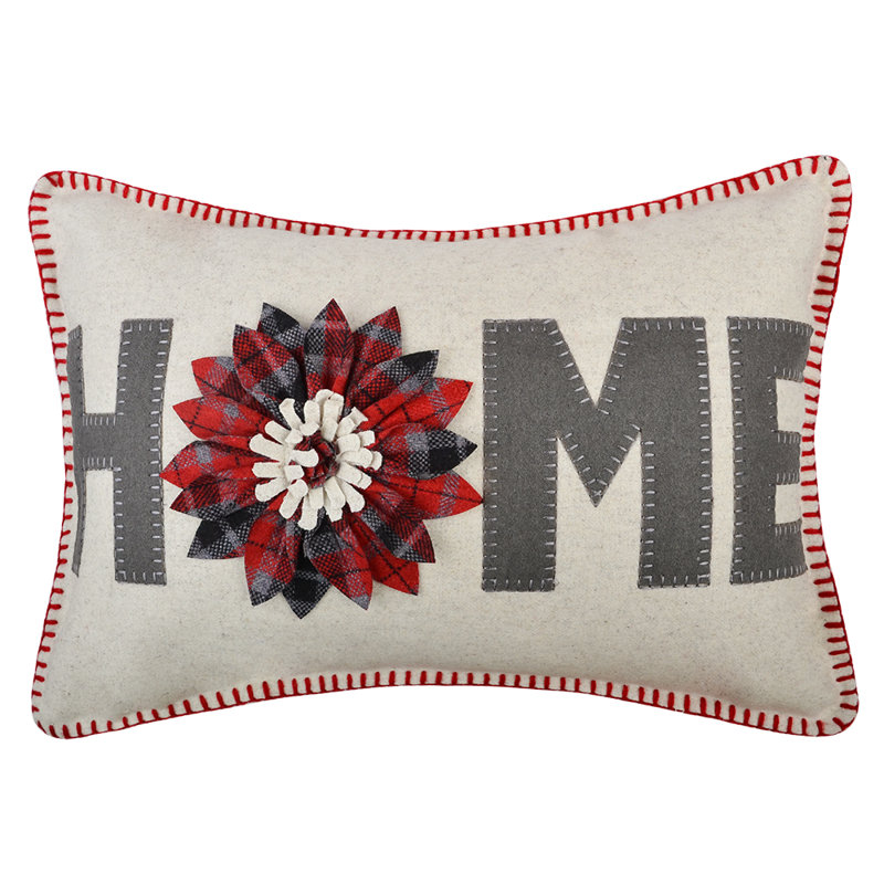 Housse de coussin décoratif fait à la main à motif floral 3D, 14 po x 20 po, Carreaux gris et rouge - laine
