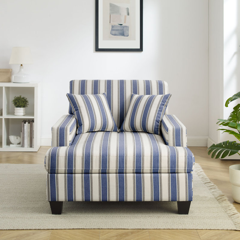Chaise longue rembourrée en tissu 39,76 po, Lin rayé bleu marine