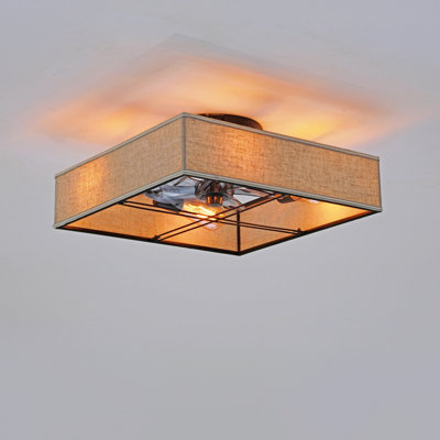 16.6" Square Fabric Farmhouse Flush Mount Ceiling Fan ,Reversible Motor, Dc Remote Control,7 Pcs Pc Blades,6 Speed Ceiling Fan,Timing, For Bedroom Kitchen Living Room--Not Included Bulbs