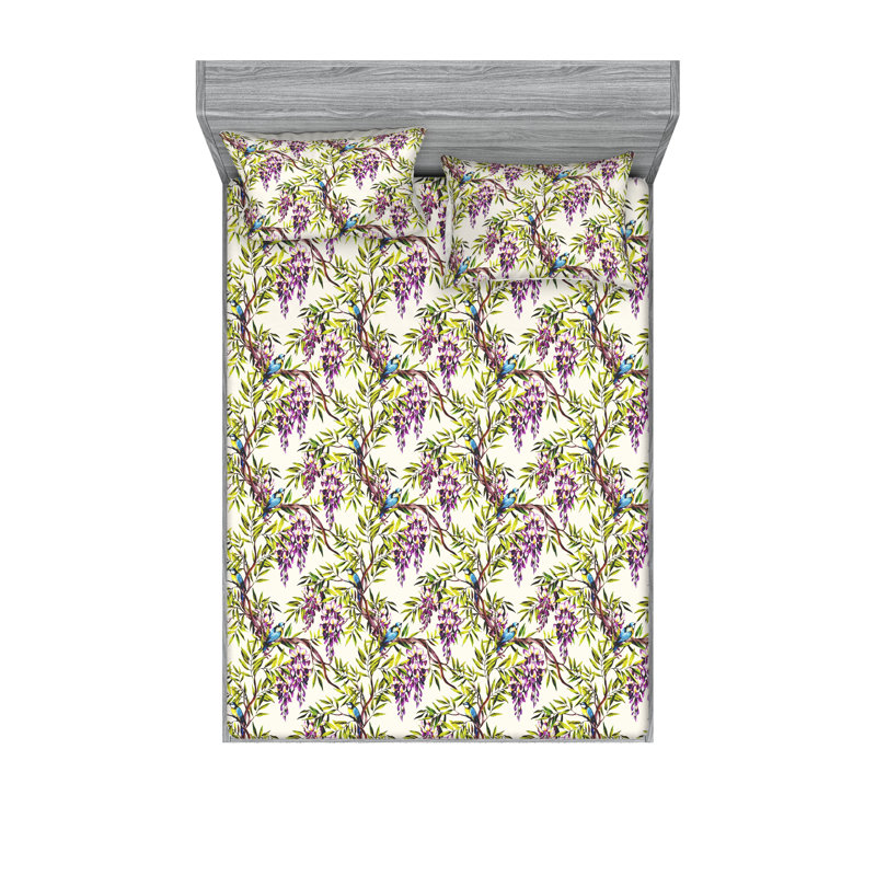 Drap-housse et taie décorative Ambesonne printemps art branches d'arbre lime vert bleu mauve