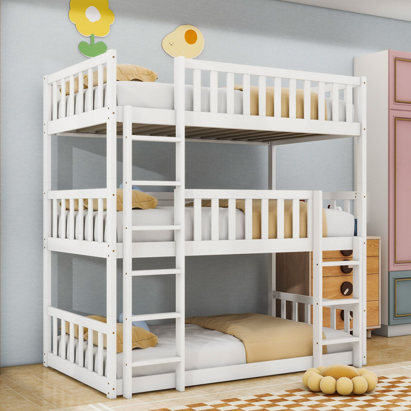 Twin Over Twin Over Twin Triple Wood Bunk Bed With Safety Fatures, Detachable Design, White