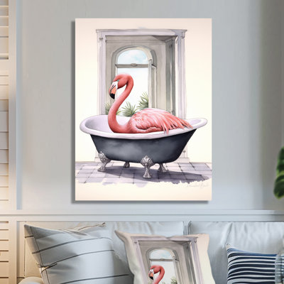 Pink Flamingo In Bathtub - Flamingo Animal Wall Art Living Room