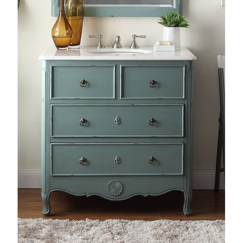 Nallely 34'' Single Bathroom Vanity with Marble Top with Mirror, Distressed Vintage Blue