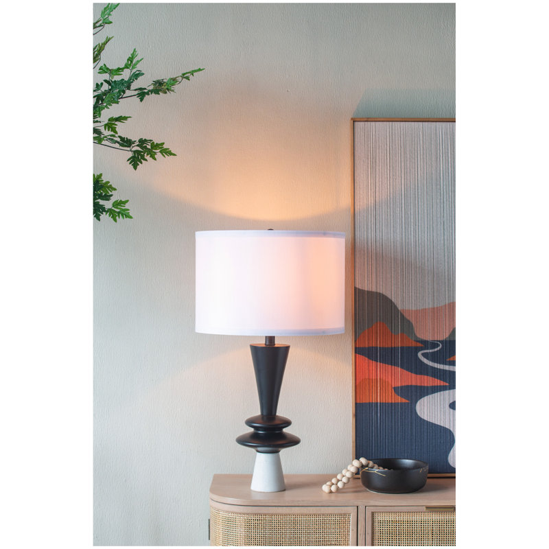 D15x26.7" Black Aluminum Table Lamp with Two Varying Round Accents and White Drum Shade(Lamp Shade Assembly Required)